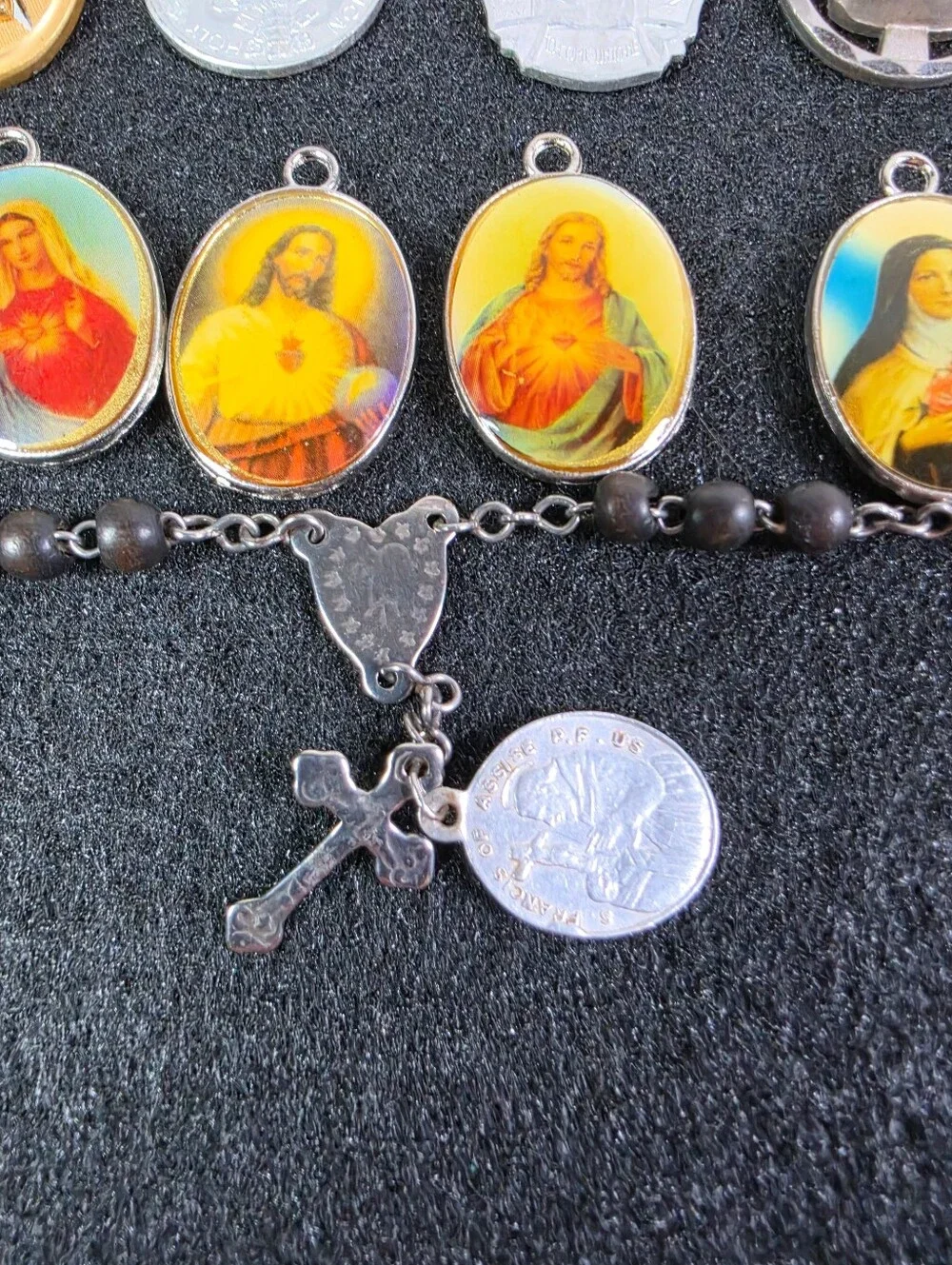 Religious Medal Rosary Necklace with Multi-Color Saint Medallions